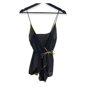 Vintage 70s Flair Black Gold Trim Spaghetti Strap Surplice Nylon Negligee Small